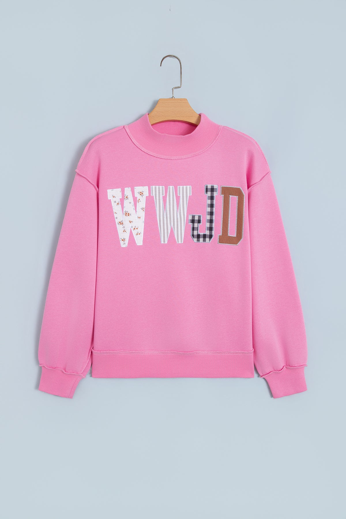 Coffee WWJD Mixed Pattern Embroidered Patch Graphic Mock Neck Sweatshirt