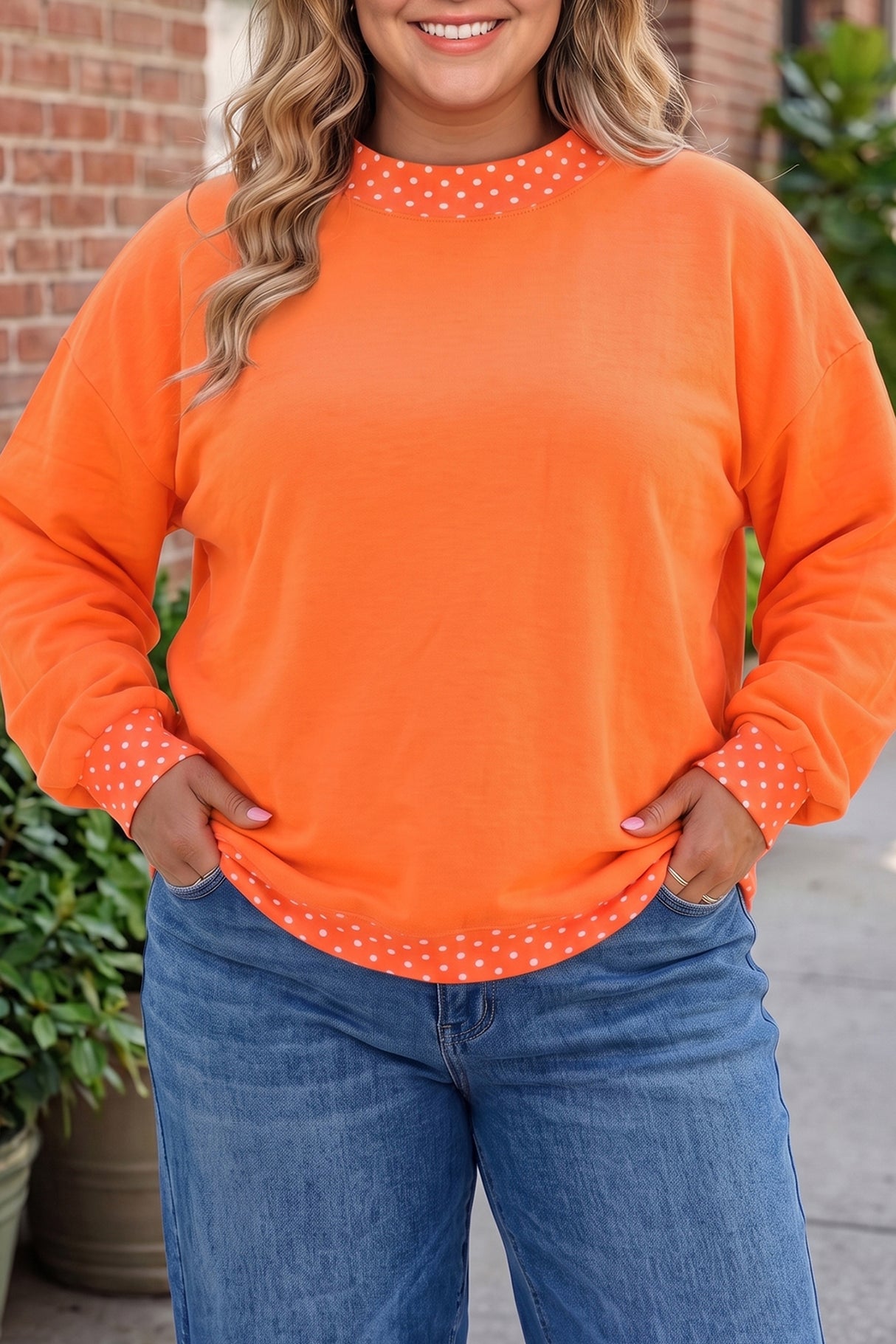 Dark Green Polka Dot Patchwork Round Neck Plus Size Sweatshirt