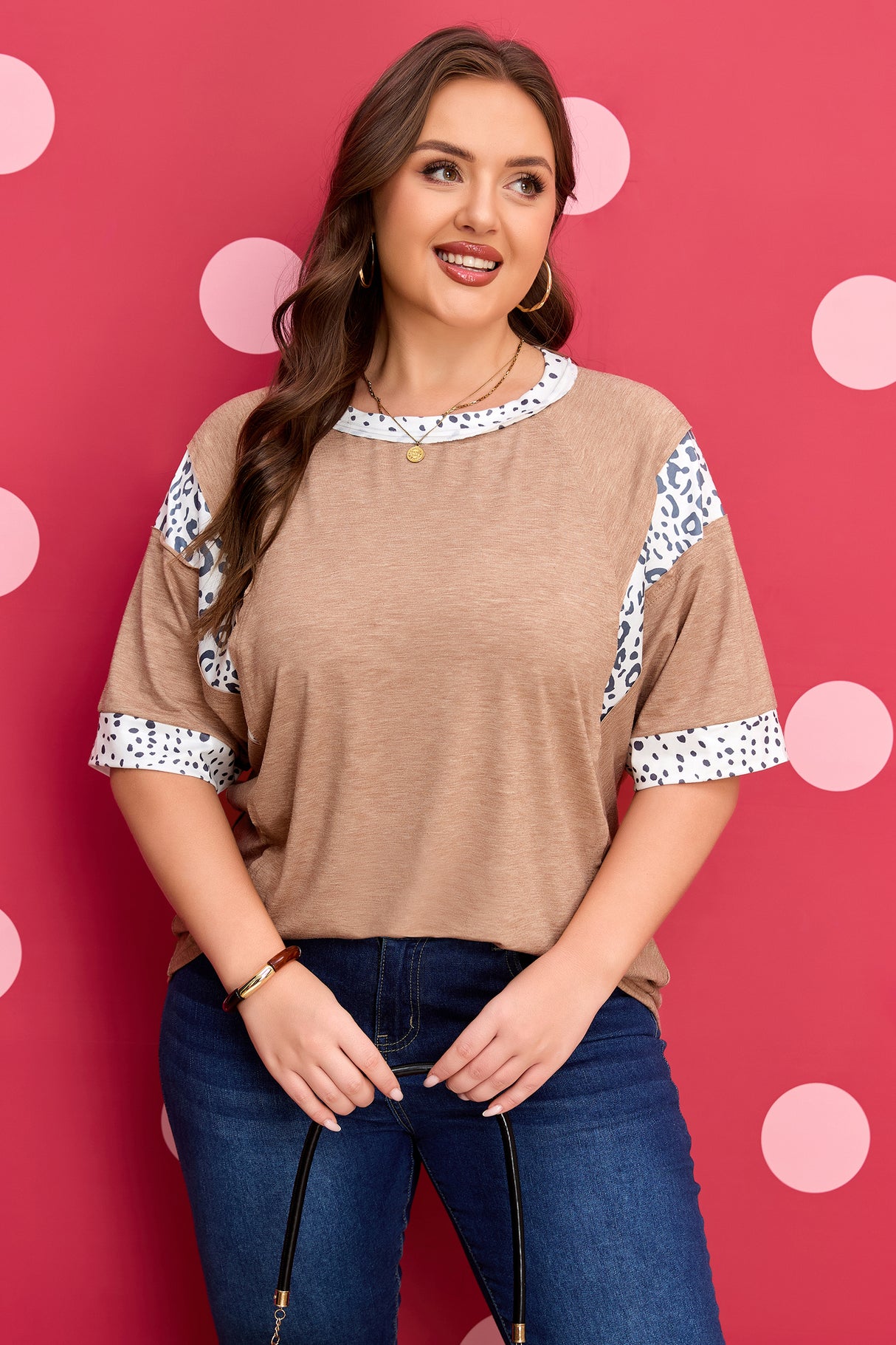 Chestnut Animal Color Block Patchwork Plus Size Tee