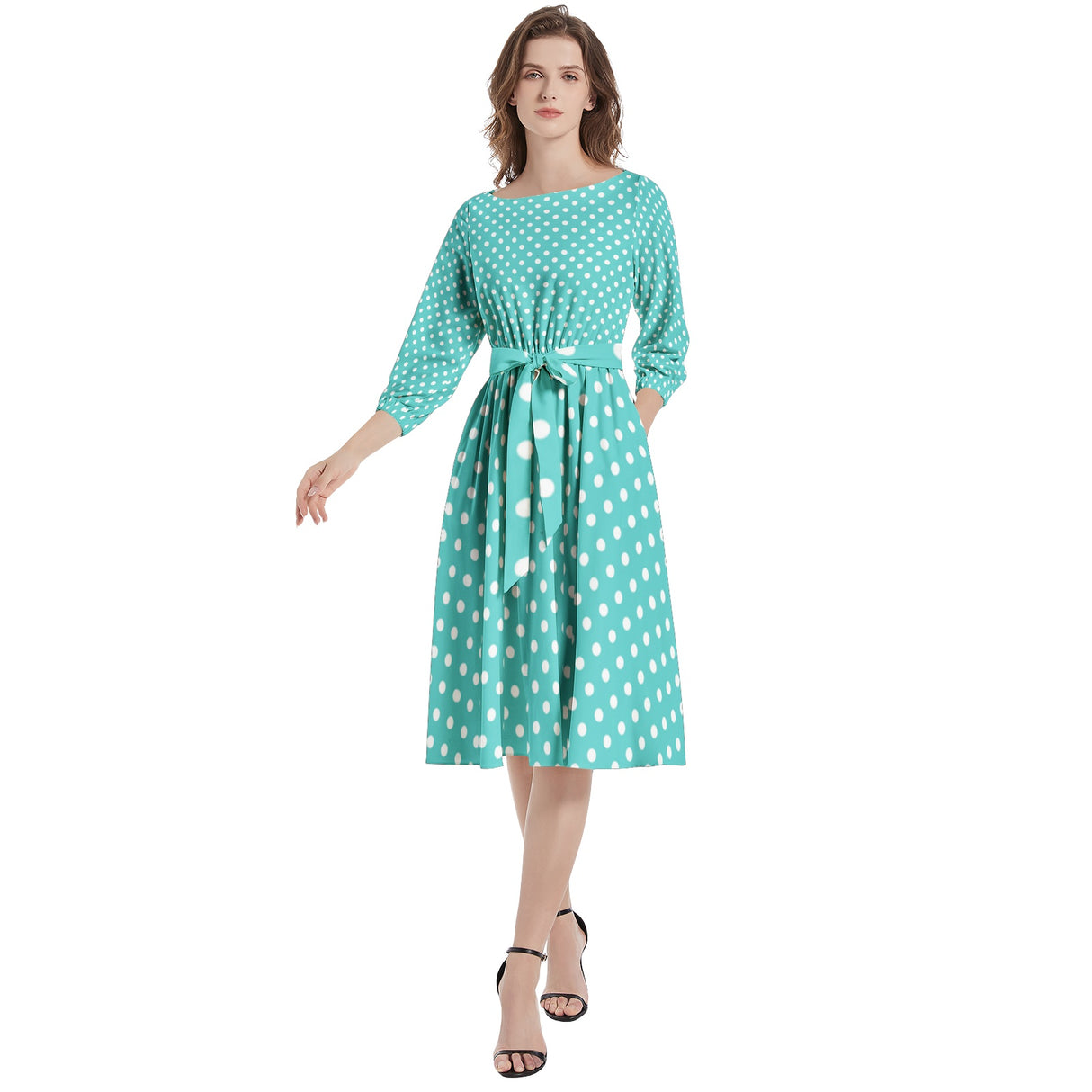 Teal Polky Boat Neck Belted Flared Dress