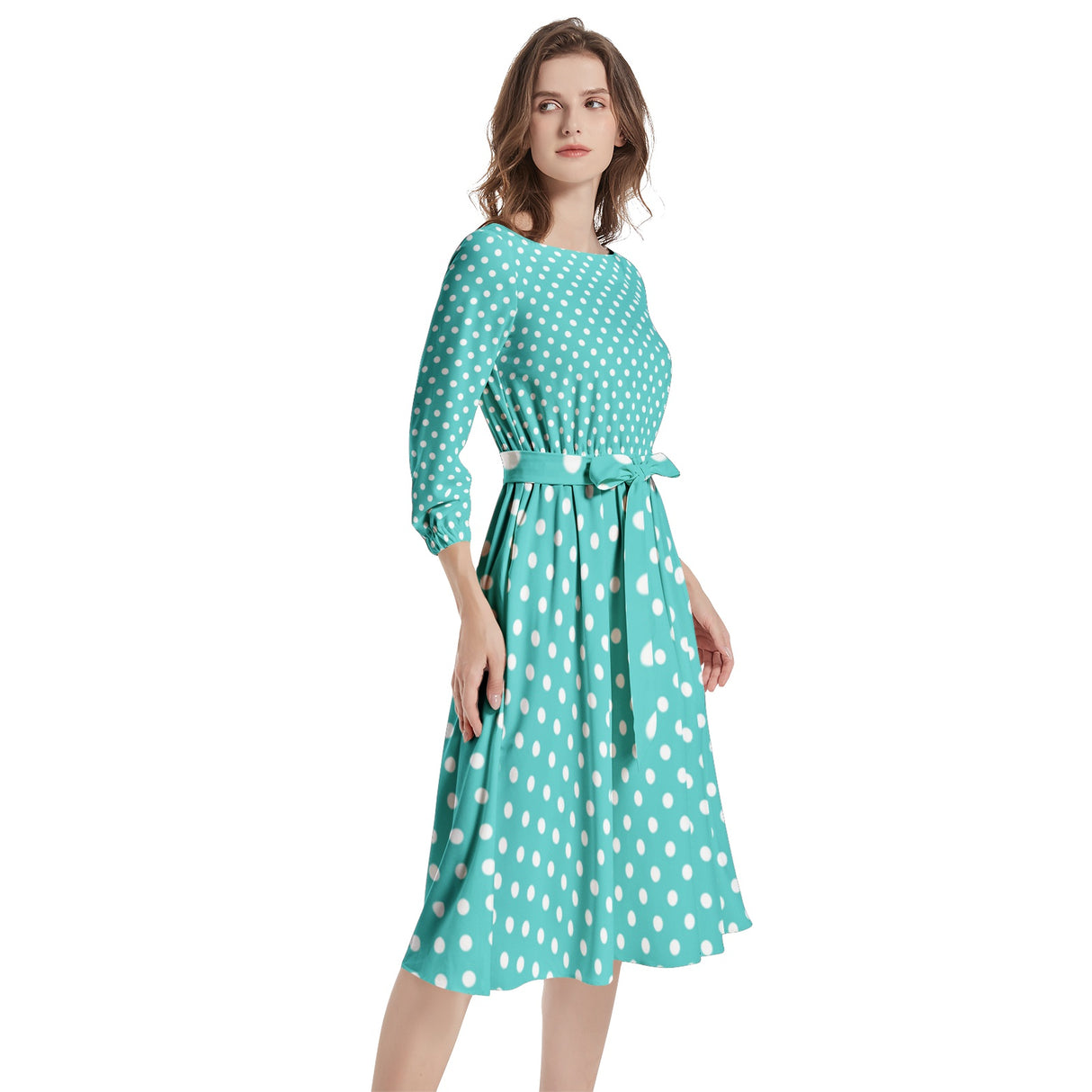 Teal Polky Boat Neck Belted Flared Dress