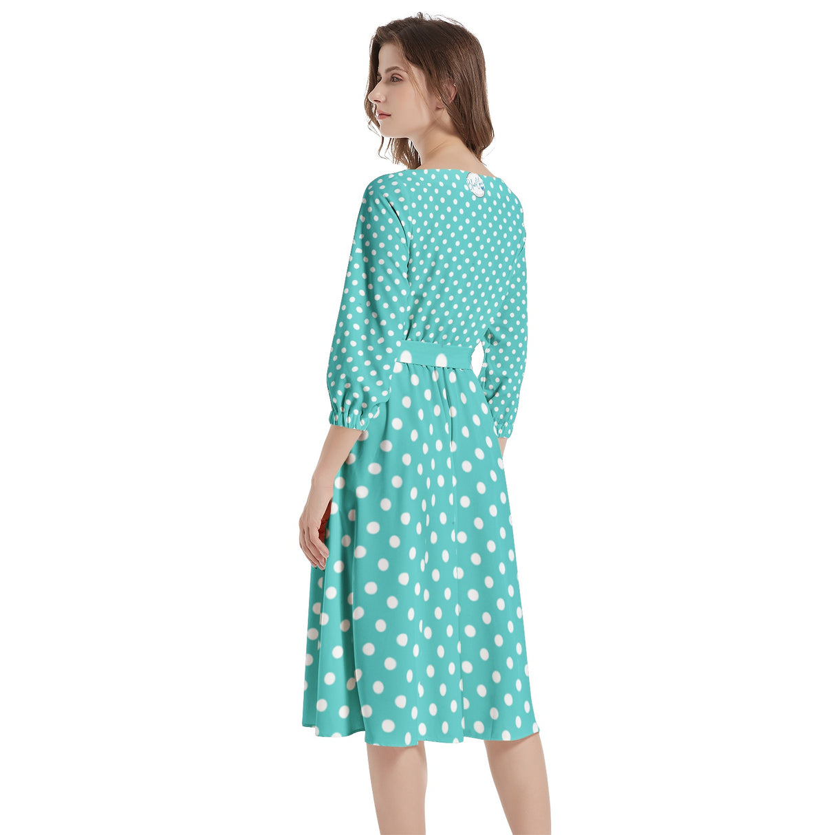 Teal Polky Boat Neck Belted Flared Dress