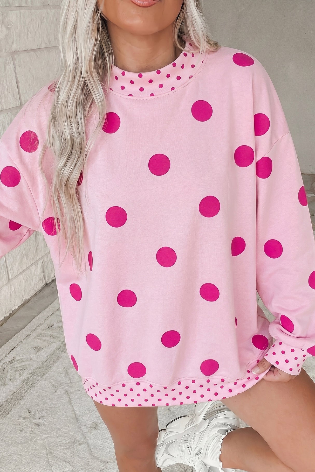 Brown Polka Dot Print Contrast Detail Oversized Tunic Sweatshirt