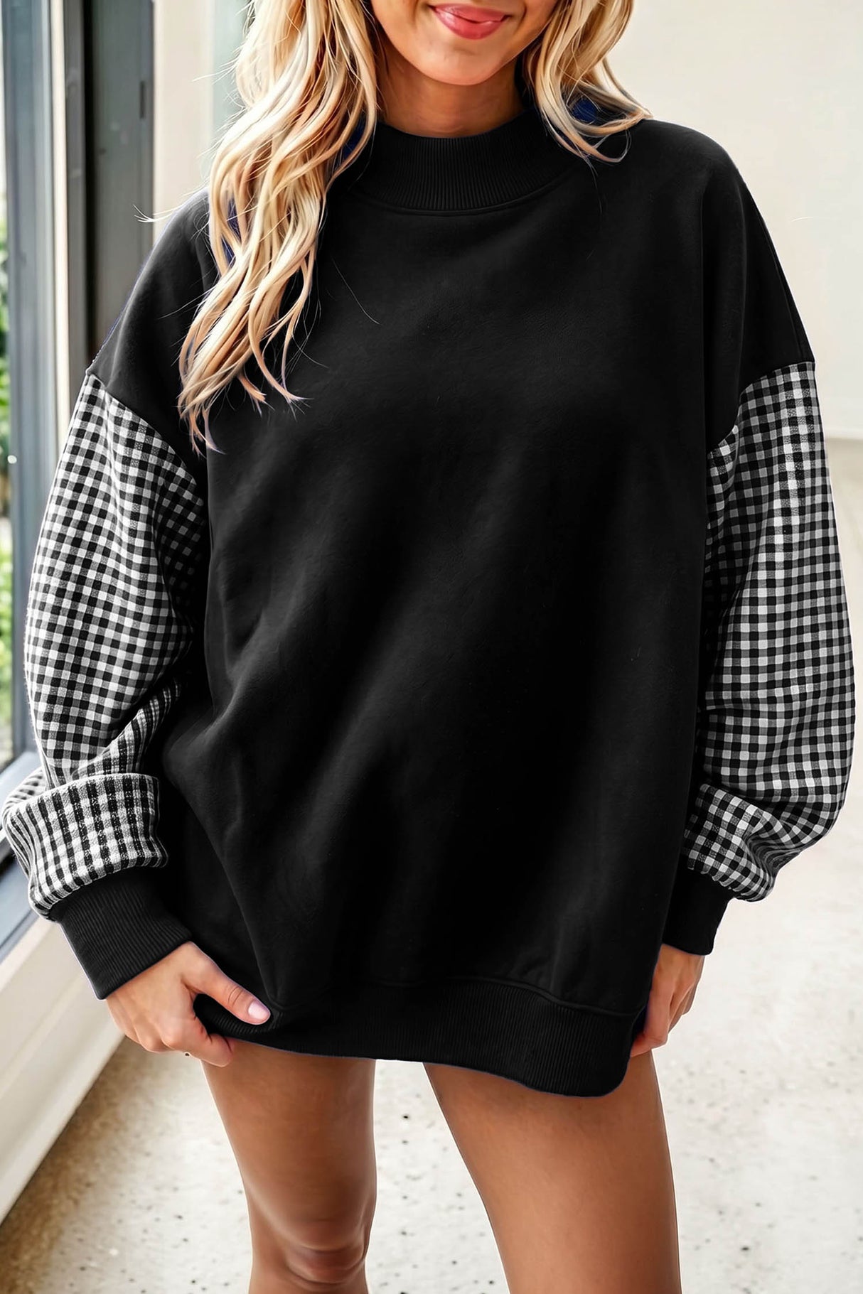 Dirty blue Plaid Sleeve Colorblock Loose Tunic Sweatshirt