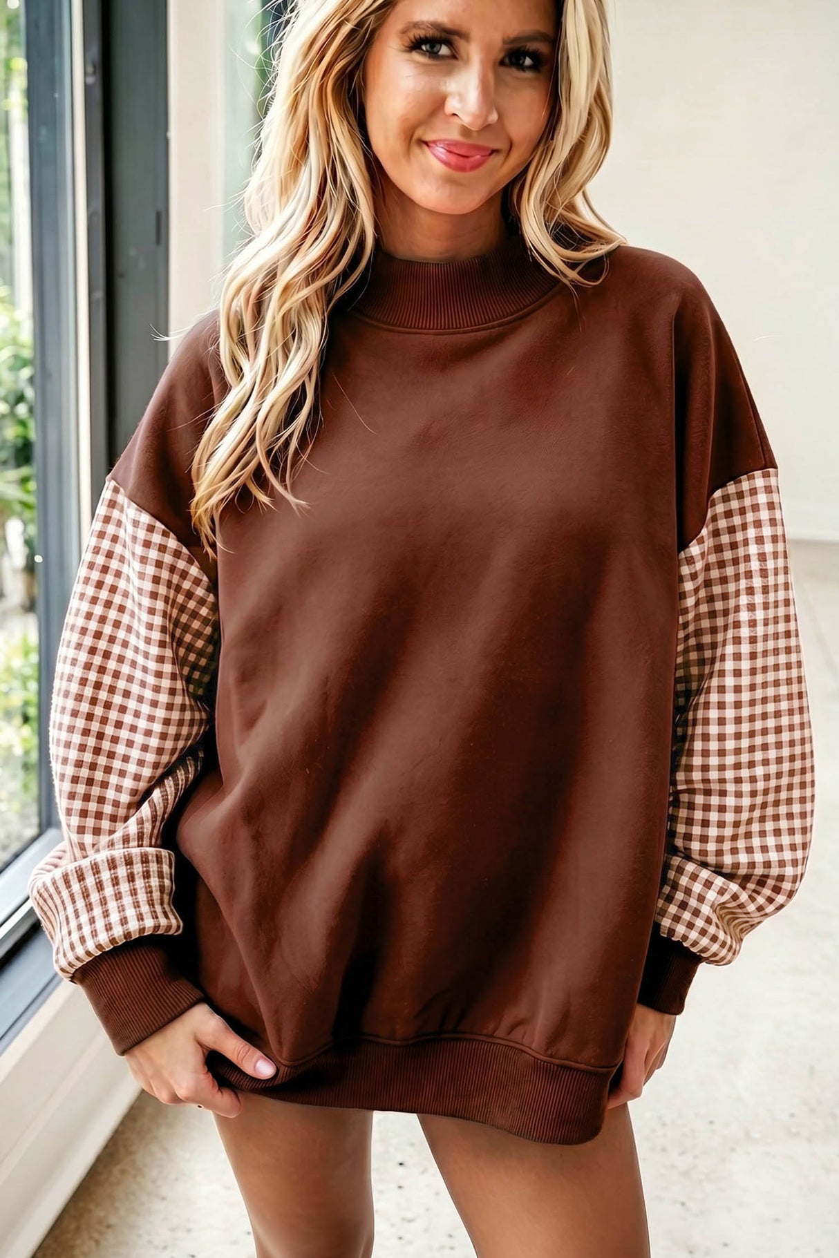 Dirty blue Plaid Sleeve Colorblock Loose Tunic Sweatshirt