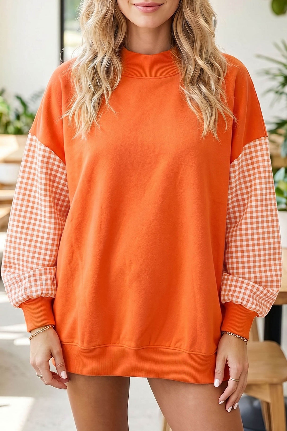Dirty blue Plaid Sleeve Colorblock Loose Tunic Sweatshirt