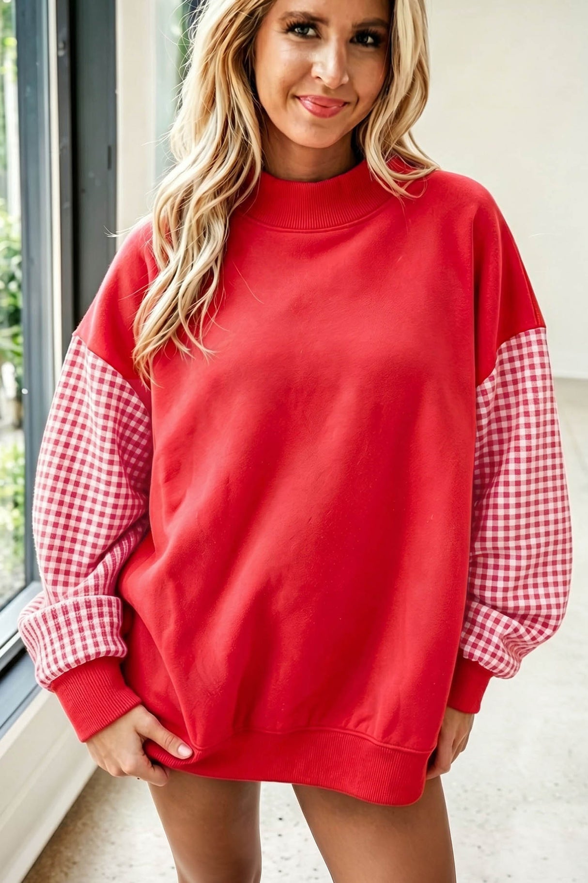 Dirty blue Plaid Sleeve Colorblock Loose Tunic Sweatshirt