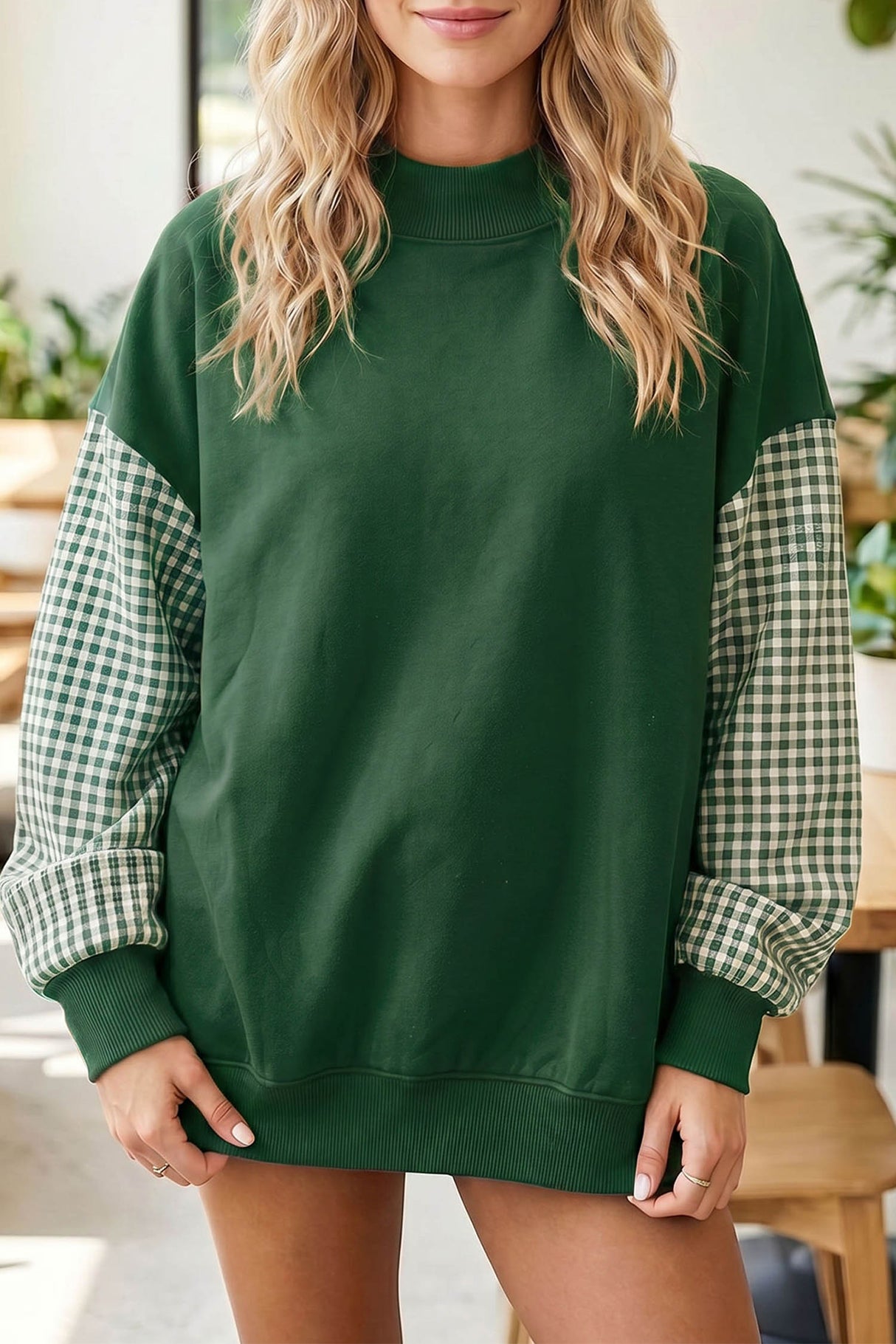 Dirty blue Plaid Sleeve Colorblock Loose Tunic Sweatshirt