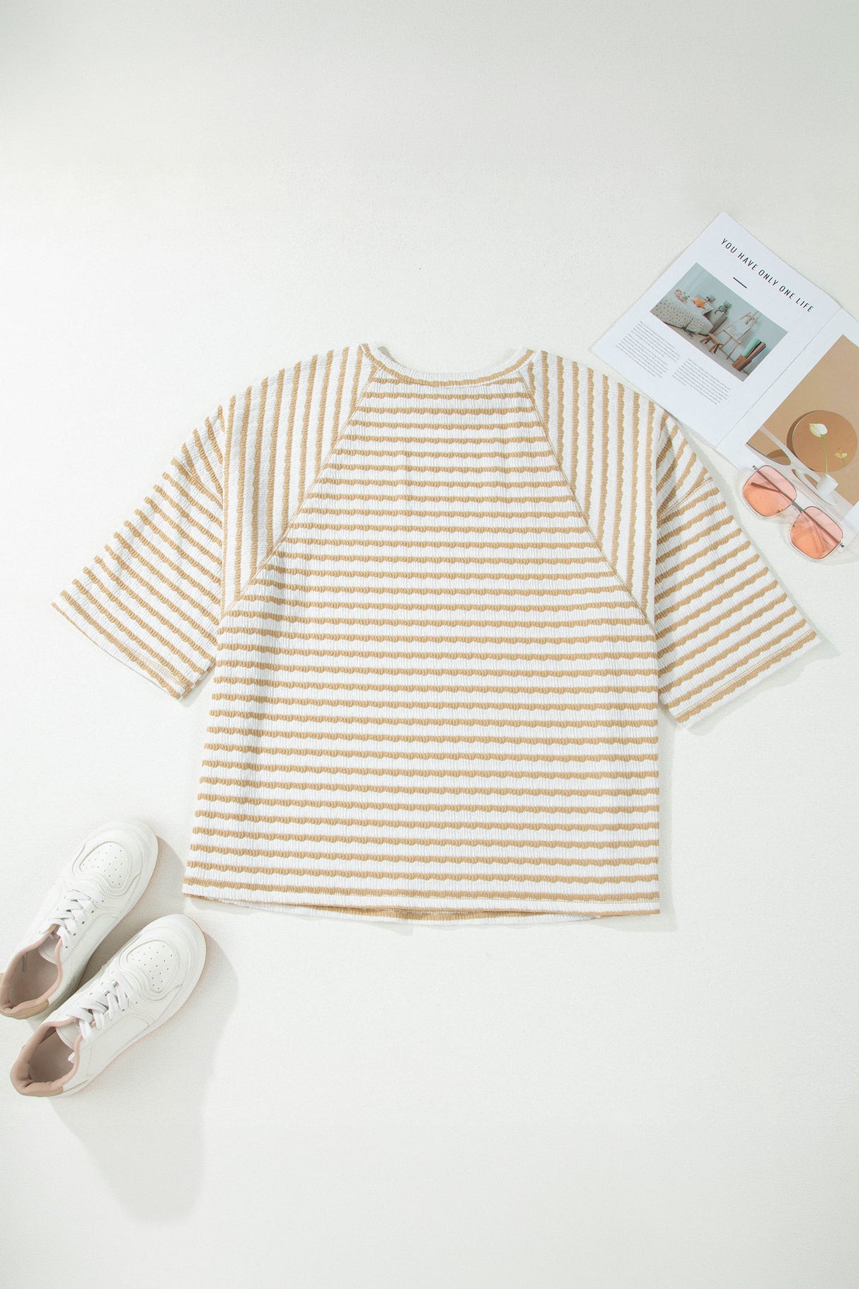 Pink Stripe Plus Size Textured Patchwork Detail Half Sleeve Top