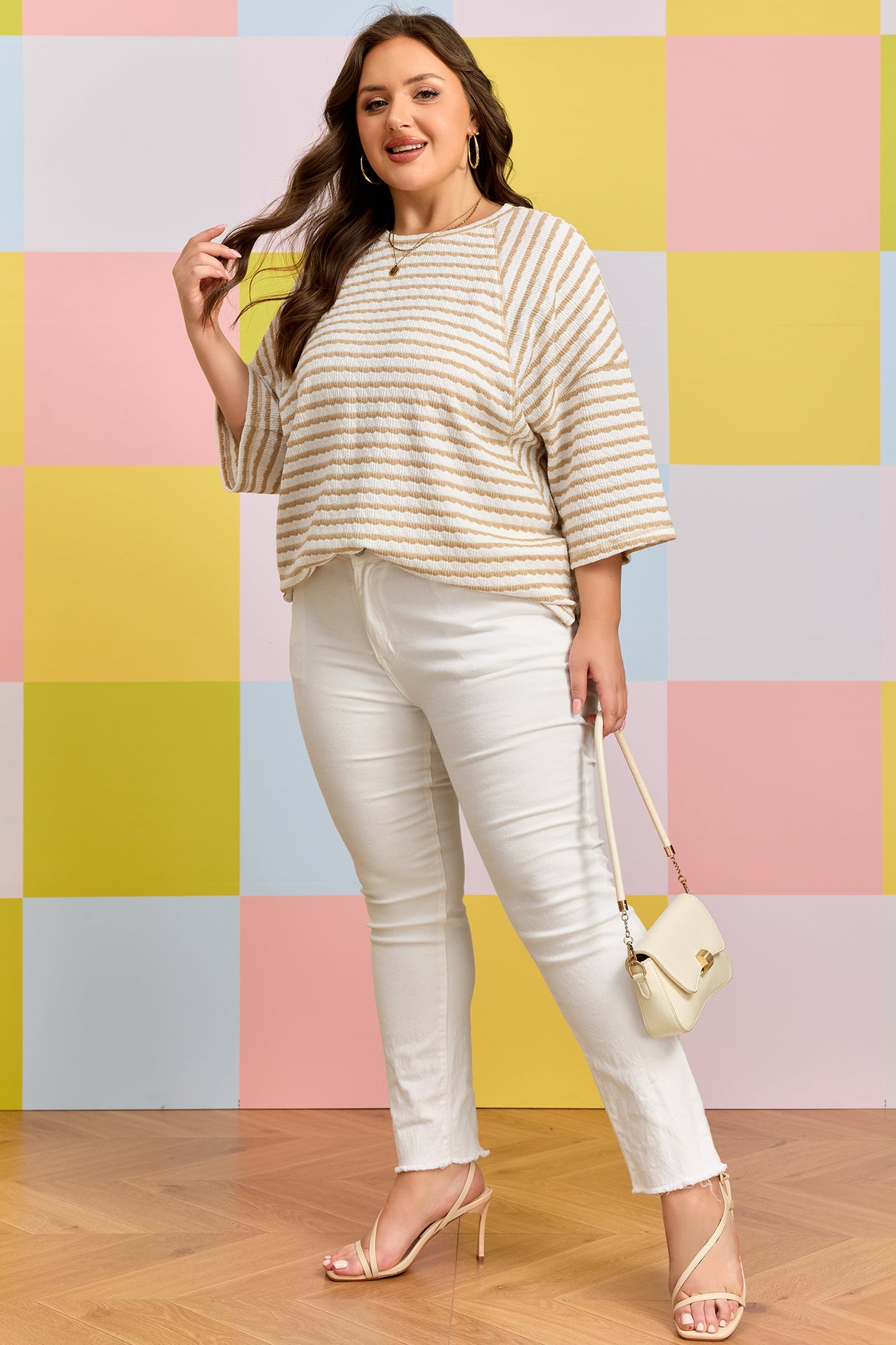 Pink Stripe Plus Size Textured Patchwork Detail Half Sleeve Top