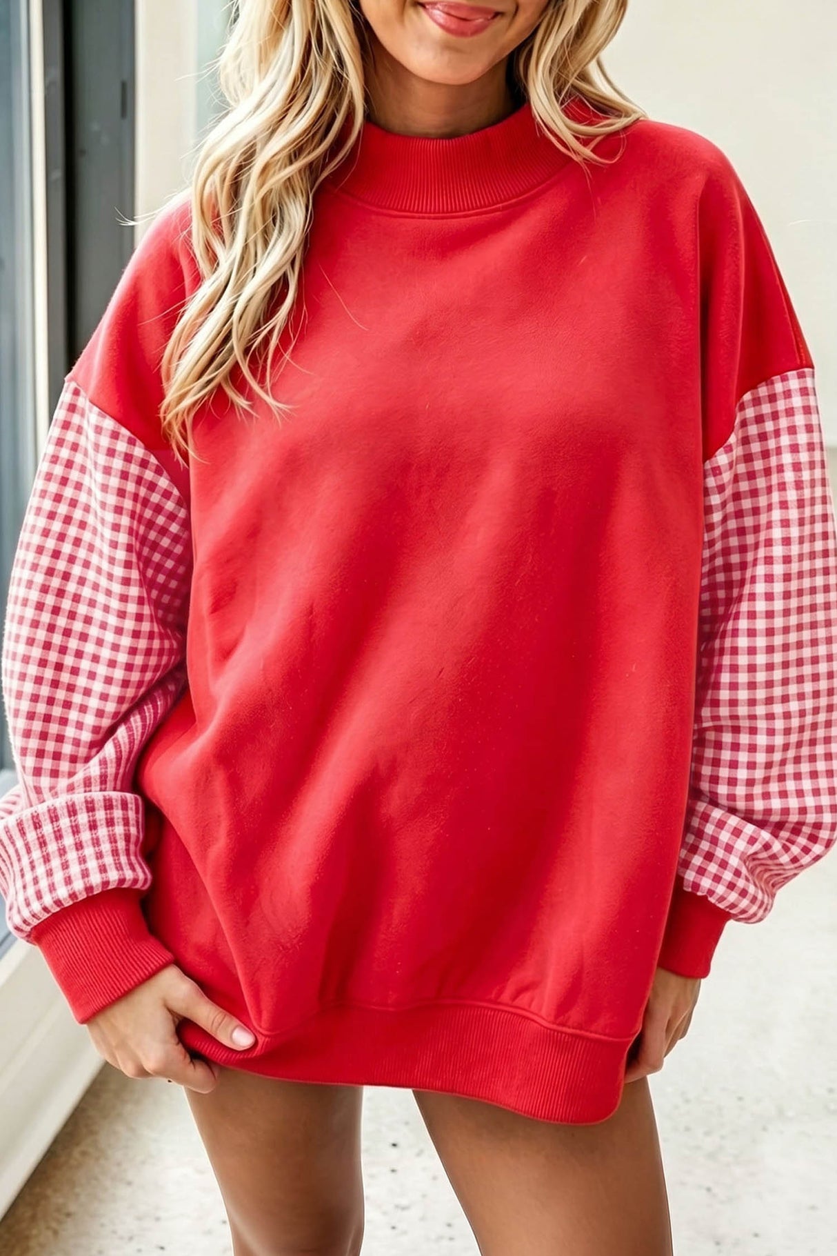 Dirty blue Plaid Sleeve Colorblock Loose Tunic Sweatshirt