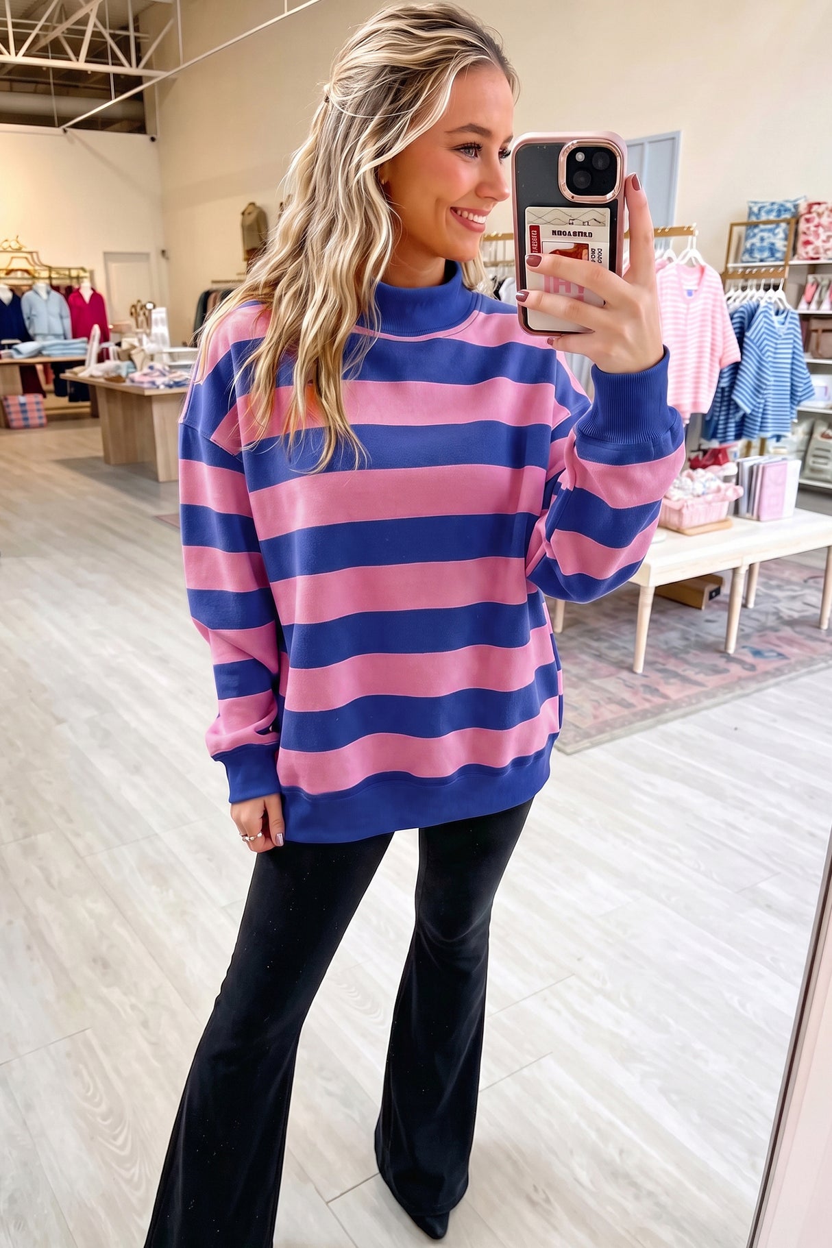 Brown Stripe Colorblock Mock Neck Relaxed Sweatshirt