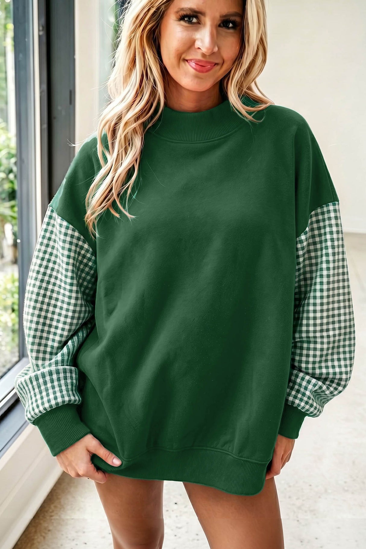 Dirty blue Plaid Sleeve Colorblock Loose Tunic Sweatshirt