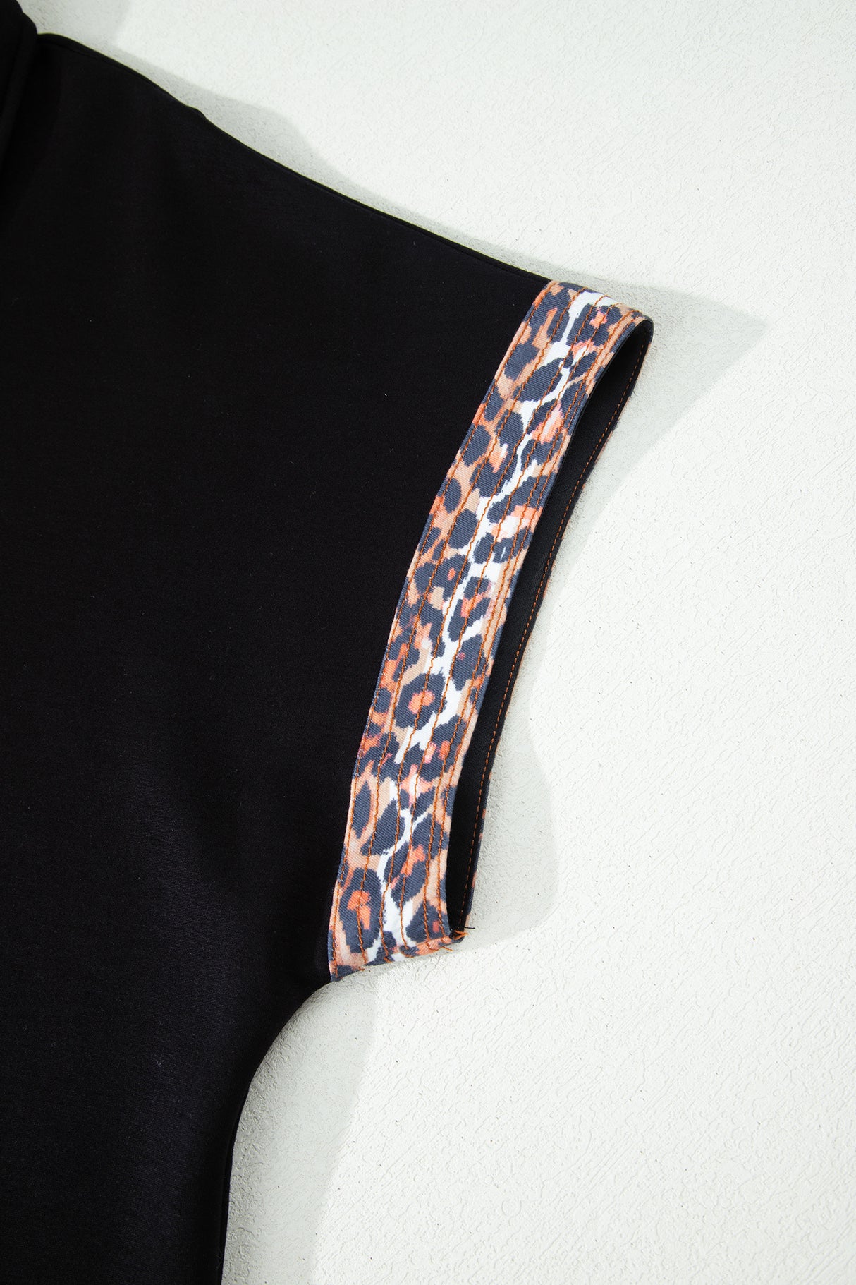 Black Plus Size Leopard Patchwork Half Zip Short Sleeve Top
