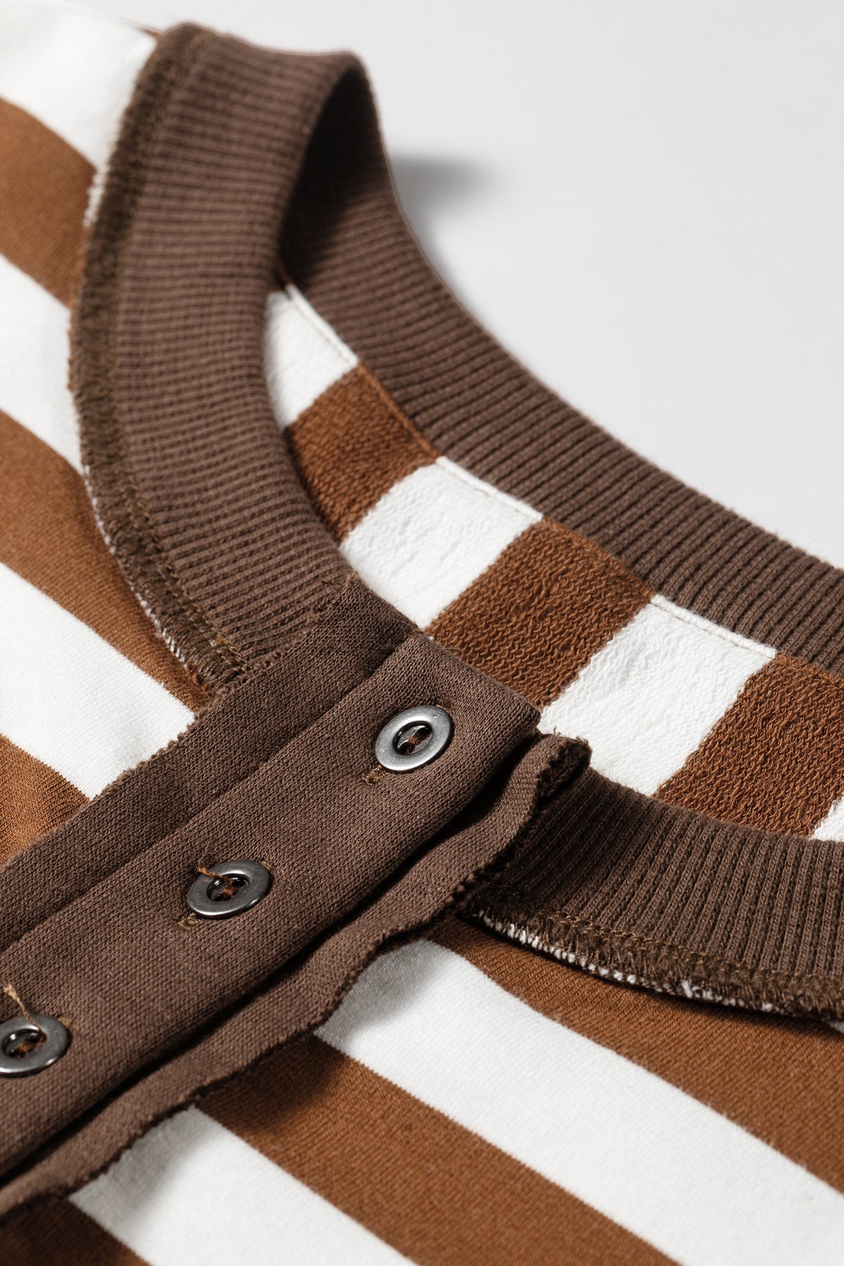 Brown Stripe Exposed Seam Color Block Patchwork Button Placket Sweatshirt