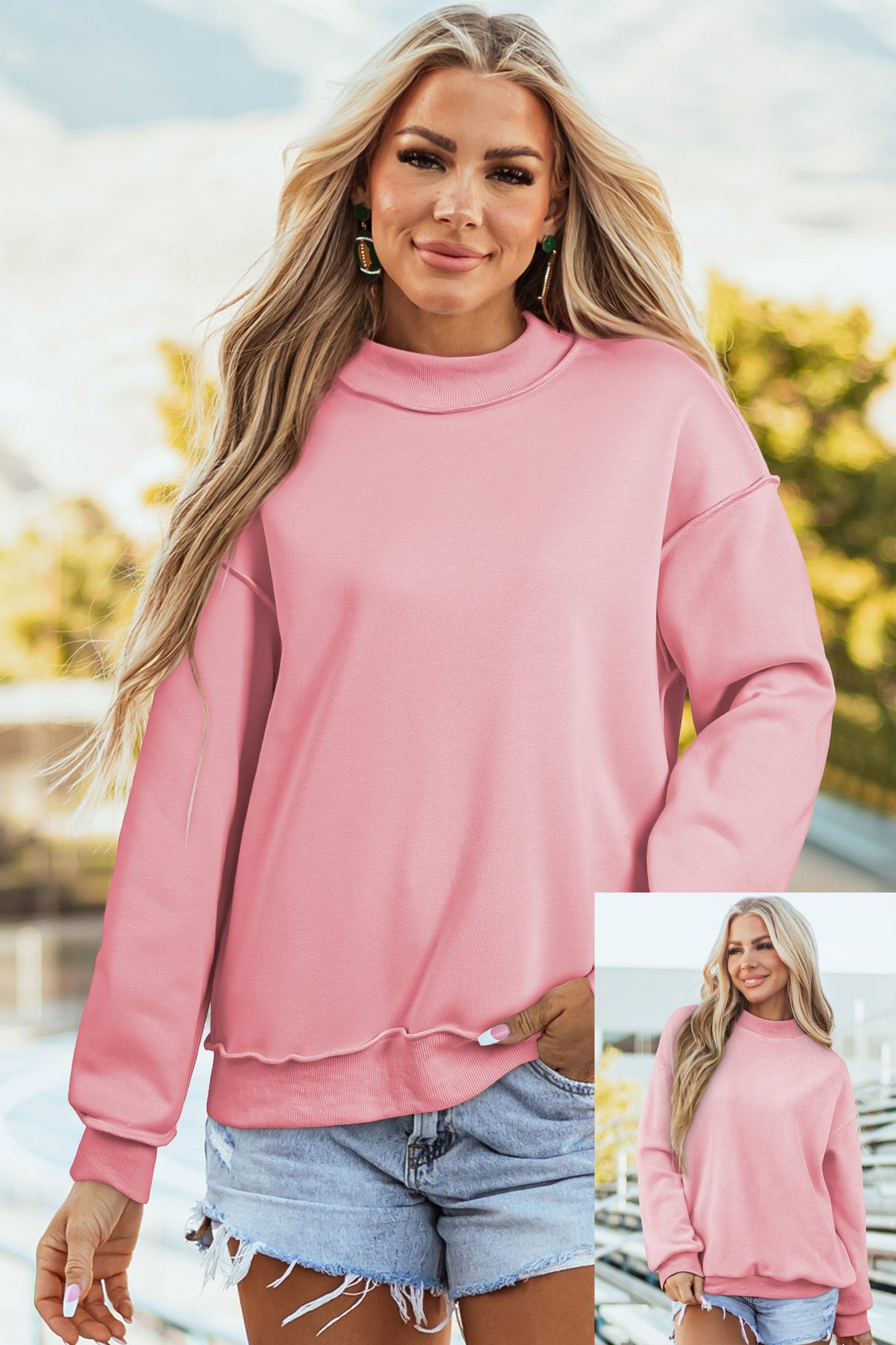Coffee Oversize Drop Shoulder Reversible Mock Neck Sweatshirt