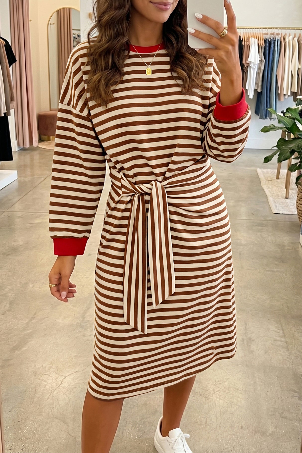 Khaki Stripe Striped Colorblock Cuffs Round Neck Long Sleeve Shift Dress