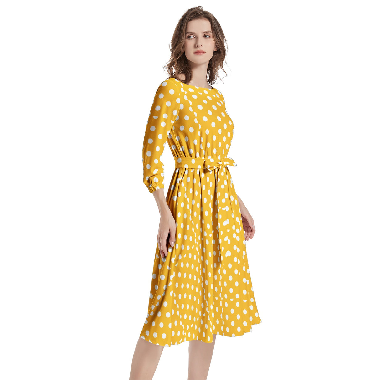 Sunshine Polky Boat Neck Belted Flared Dress