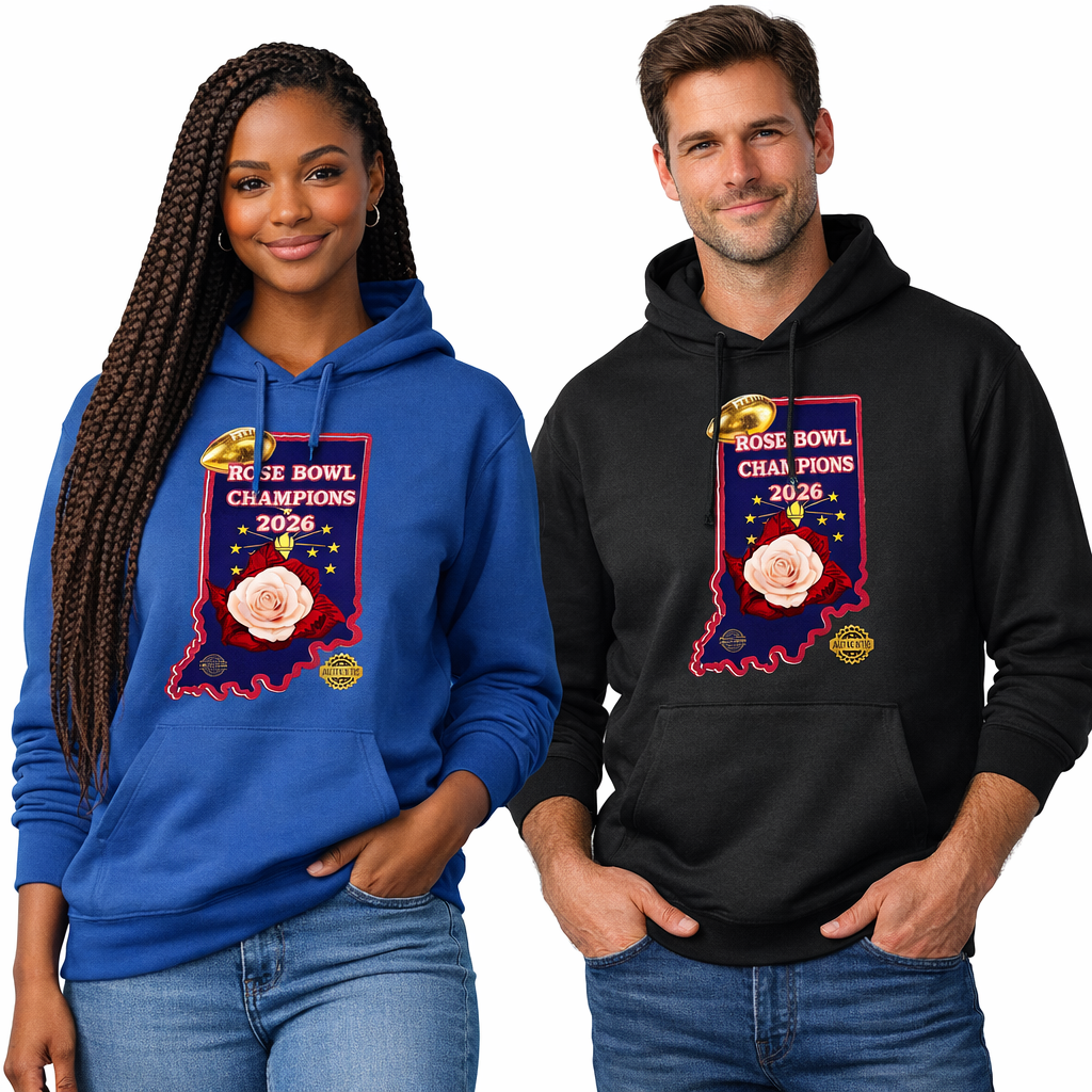 Two people wearing Rose Bowl Champions 2026 and 2028 hoodies on a white background indiana rose bowl champions 2026