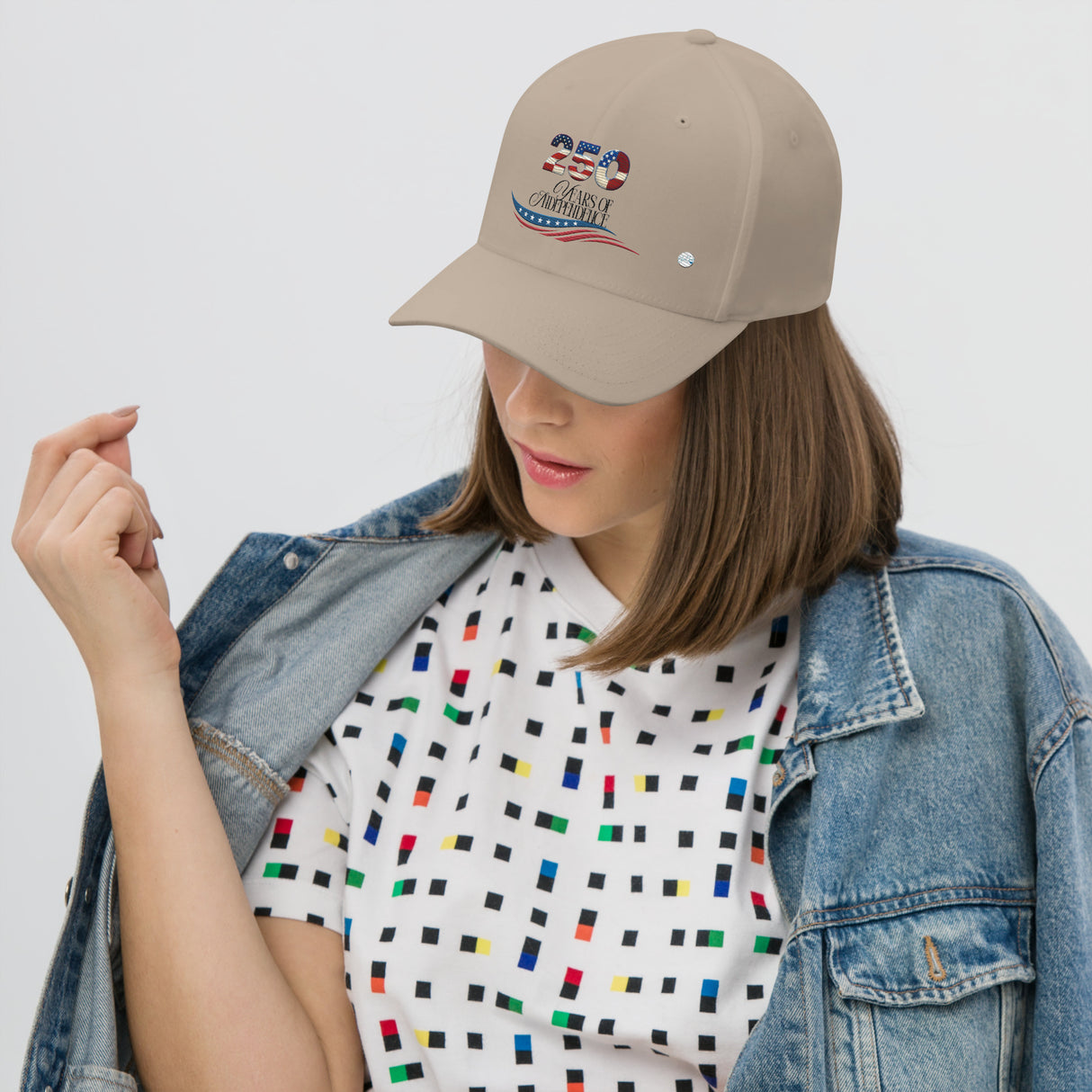 Woman wearing beige united states of america hat with patriotic design and casual denim jacket
