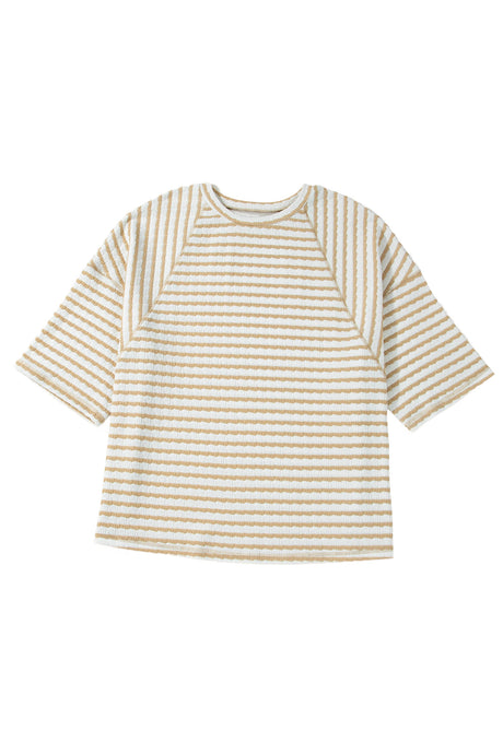 Pink Stripe Plus Size Textured Patchwork Detail Half Sleeve Top
