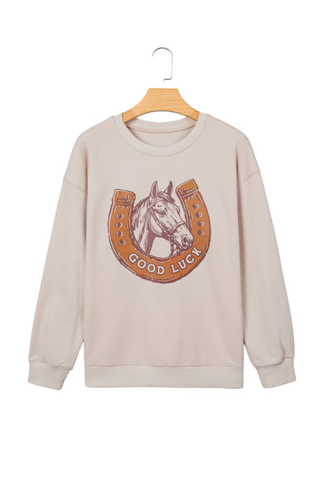 Beige GOOD LUCK Western Horse Print Oversized Pullover Sweatshirt