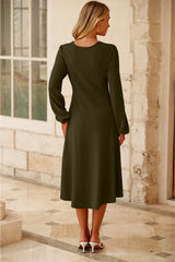 Jungle Green Solid Color Ruched Detail Long Sleeve Midi Dress