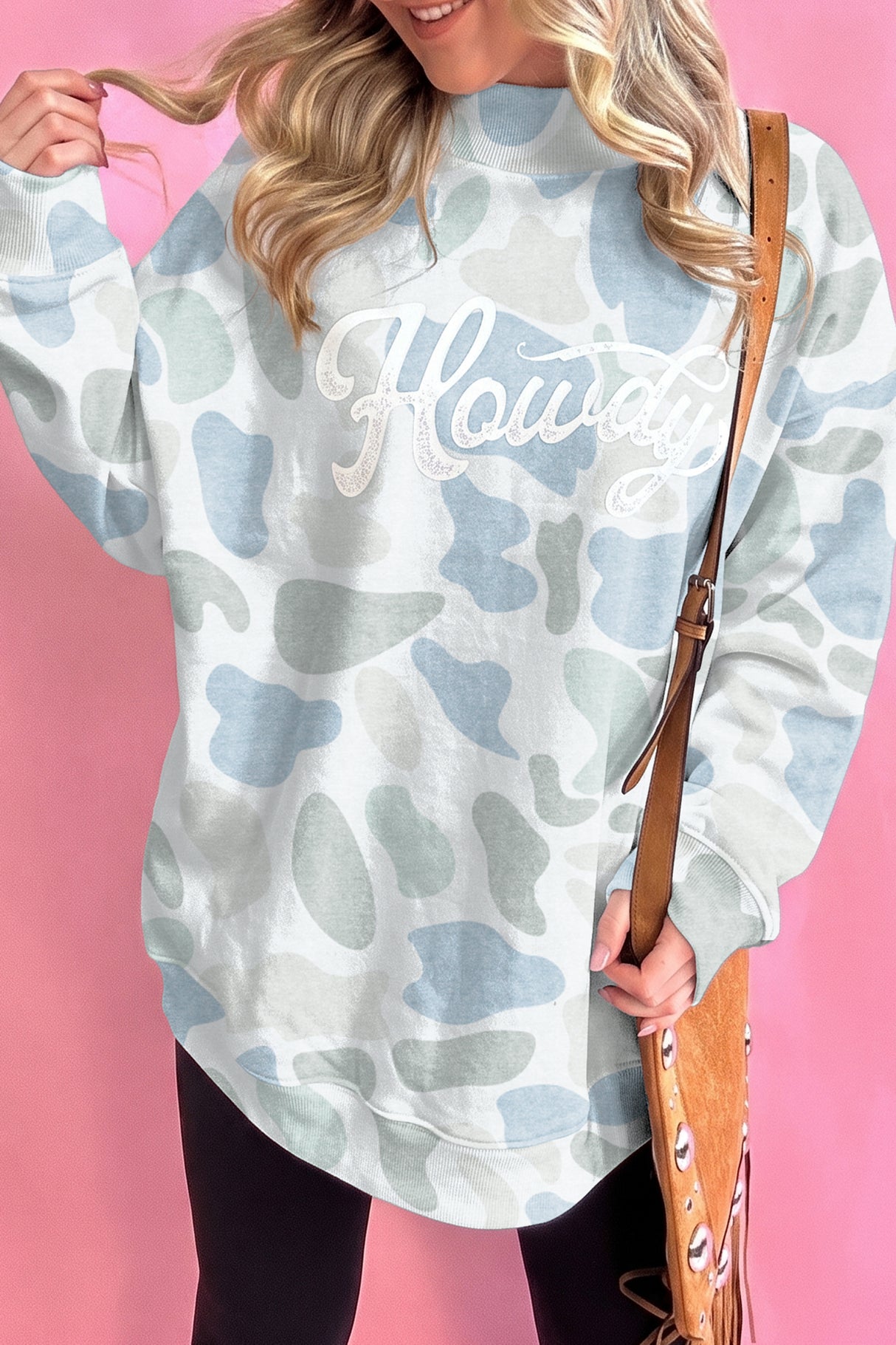 Multicolour Camo Print Howdy Western Style Baggy Pullover Sweatshirt