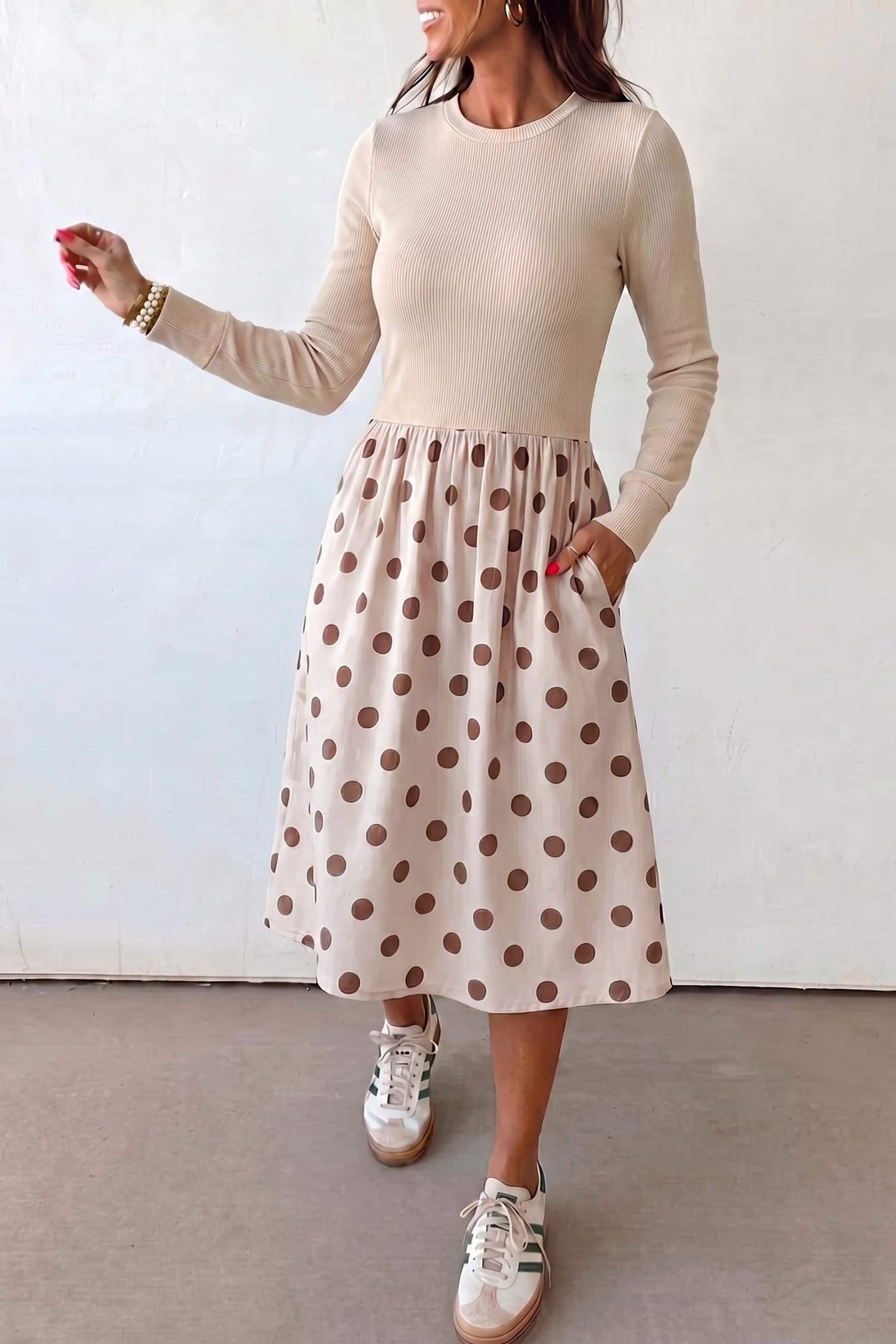 Beige Polka Dot Midi Long Sleeve Dress