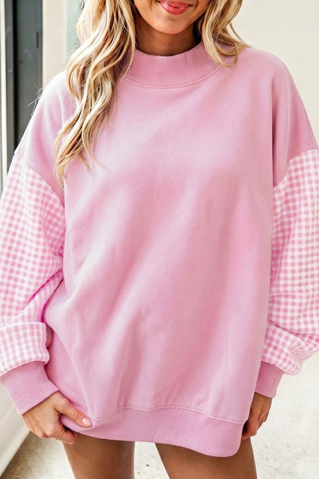 Dirty blue Plaid Sleeve Colorblock Loose Tunic Sweatshirt