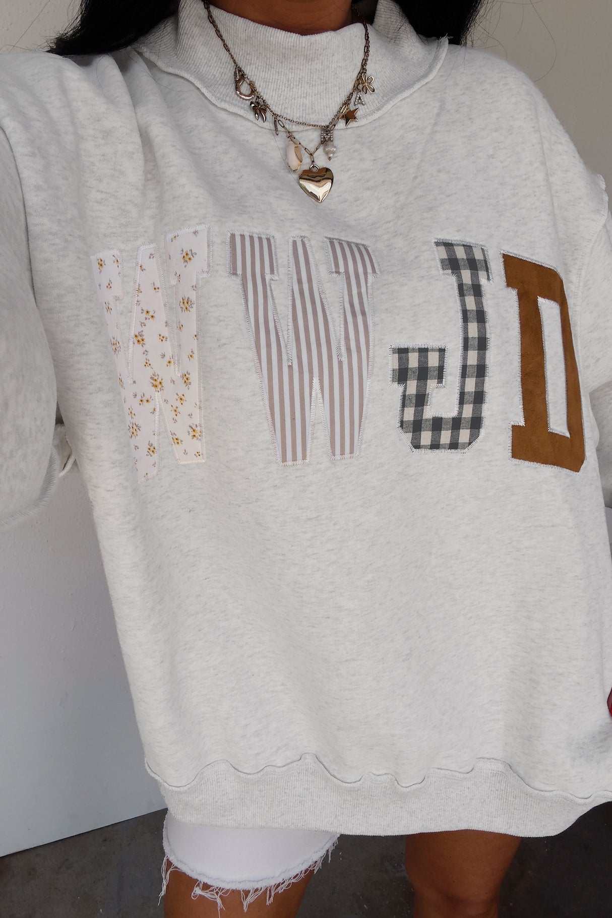 Coffee WWJD Mixed Pattern Embroidered Patch Graphic Mock Neck Sweatshirt