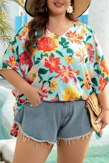 Sky Blue Plus Size Floral Print V Neck Batwing Sleeve Blouse