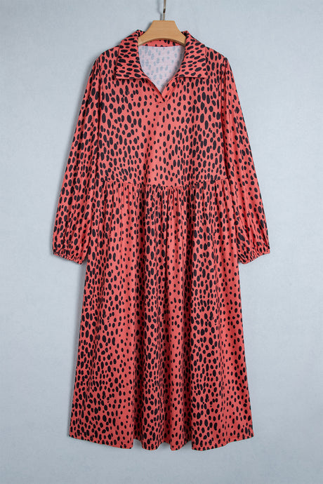 Red Leopard Print Long Sleeve V Neck Plus Size Midi Dress
