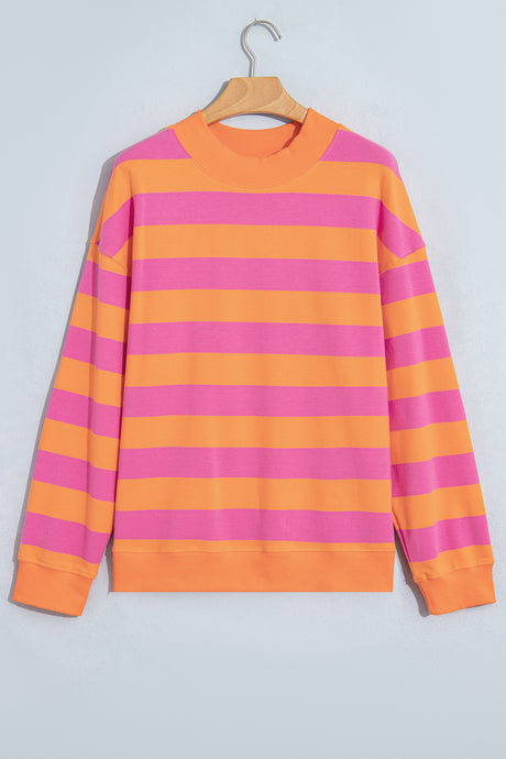 Brown Stripe Colorblock Mock Neck Relaxed Sweatshirt