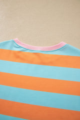 Orange Stripe Ribbed Color Block Trim Round Neck Long Sleeve Shift Top