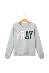 Gray Floral Buffalo Plaid Striped Embroidered Patch Western Pullover Sweatshirt
