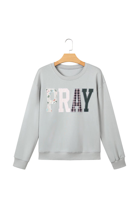 Gray Floral Buffalo Plaid Striped Embroidered Patch Western Pullover Sweatshirt