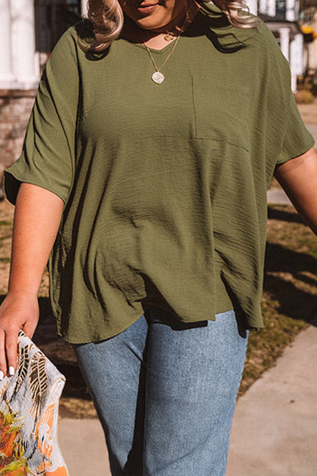 Pink Textured Half Sleeve V Neck Plus Size T Shirt with Chest Pocket