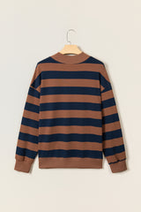 Brown Stripe Colorblock Mock Neck Relaxed Sweatshirt