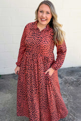 Red Leopard Print Long Sleeve V Neck Plus Size Midi Dress