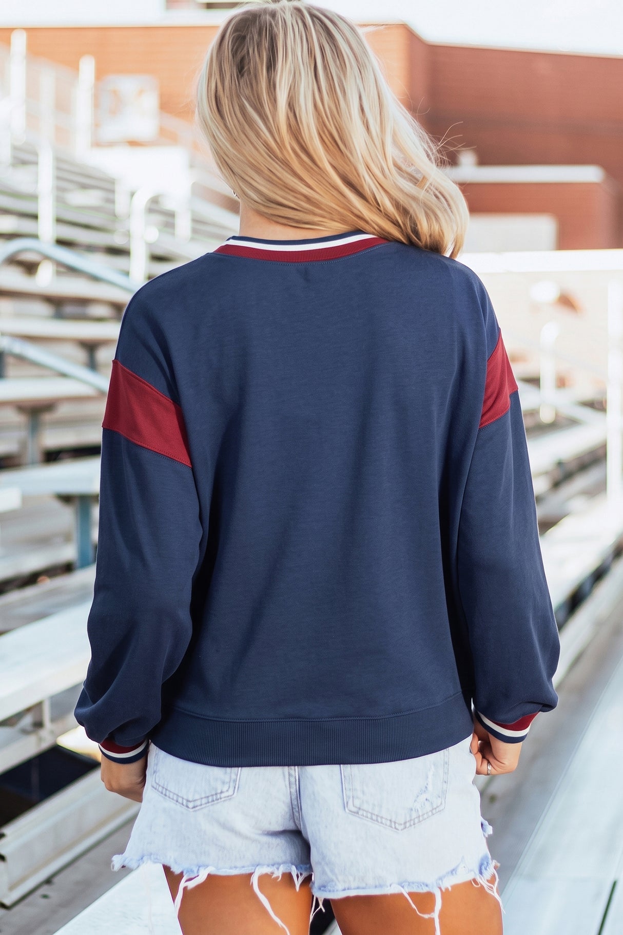 Sail Blue Patchwork Round Neck Long Sleeve Sweatshirt