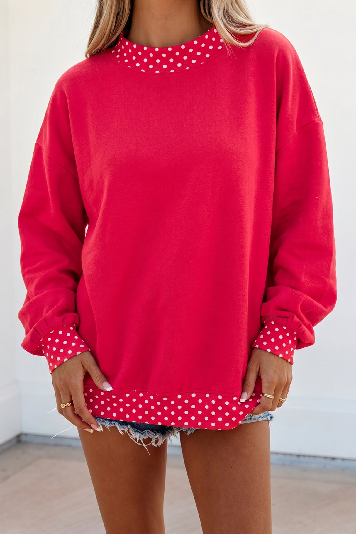 Burgundy Colorblock Polka Dot Contrast Trim Oversized Sweatshirt