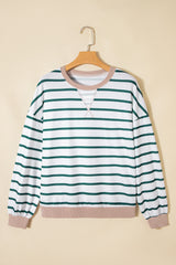 White Stripe Twisted Ribbed Patchwork Drop Shoulder Round Neck Sweatshirt