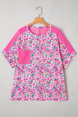 Pink Plus Size Floral Print Corded Patchwork Loose Top