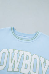 Beau Blue Embroidered Cowboy Letter Print Long Sleeve Round Neck Sweatshirt