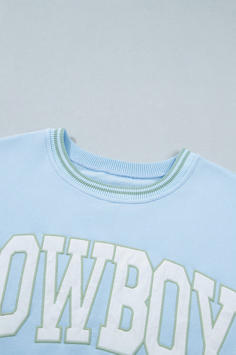 Beau Blue Embroidered Cowboy Letter Print Long Sleeve Round Neck Sweatshirt
