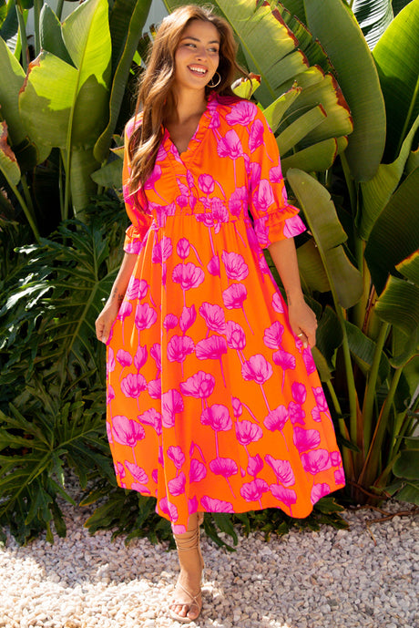 Orange Floral Print Frilly Smocked V Neck 3/4 Sleeve Long Dress