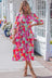 Rose Vibrant Floral Print V Neck Zip Up Puffy Half Sleeve Dress