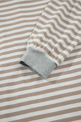 Khaki Stripe Striped Colorblock Cuffs Round Neck Long Sleeve Shift Dress