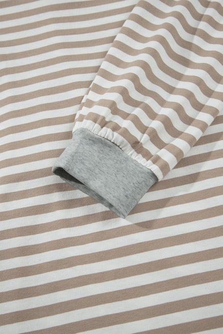 Khaki Stripe Striped Colorblock Cuffs Round Neck Long Sleeve Shift Dress